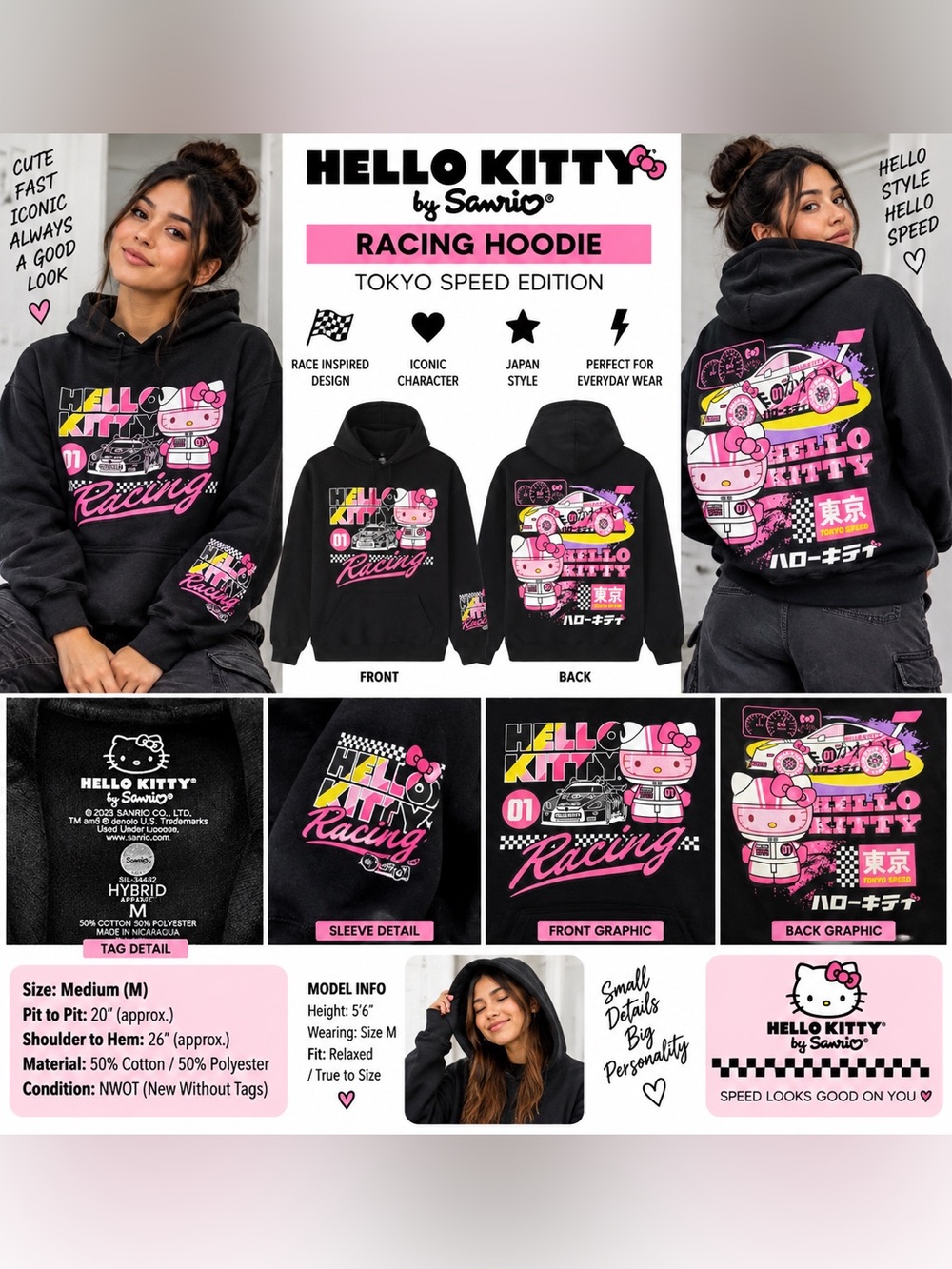 Hello Kitty Sanrio Racing Tokyo Speed Hoodie Black Medium NWOT Graphic